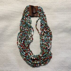 Multi-Color Multi-Strand Bead Necklace with Wooden Clasp Closure